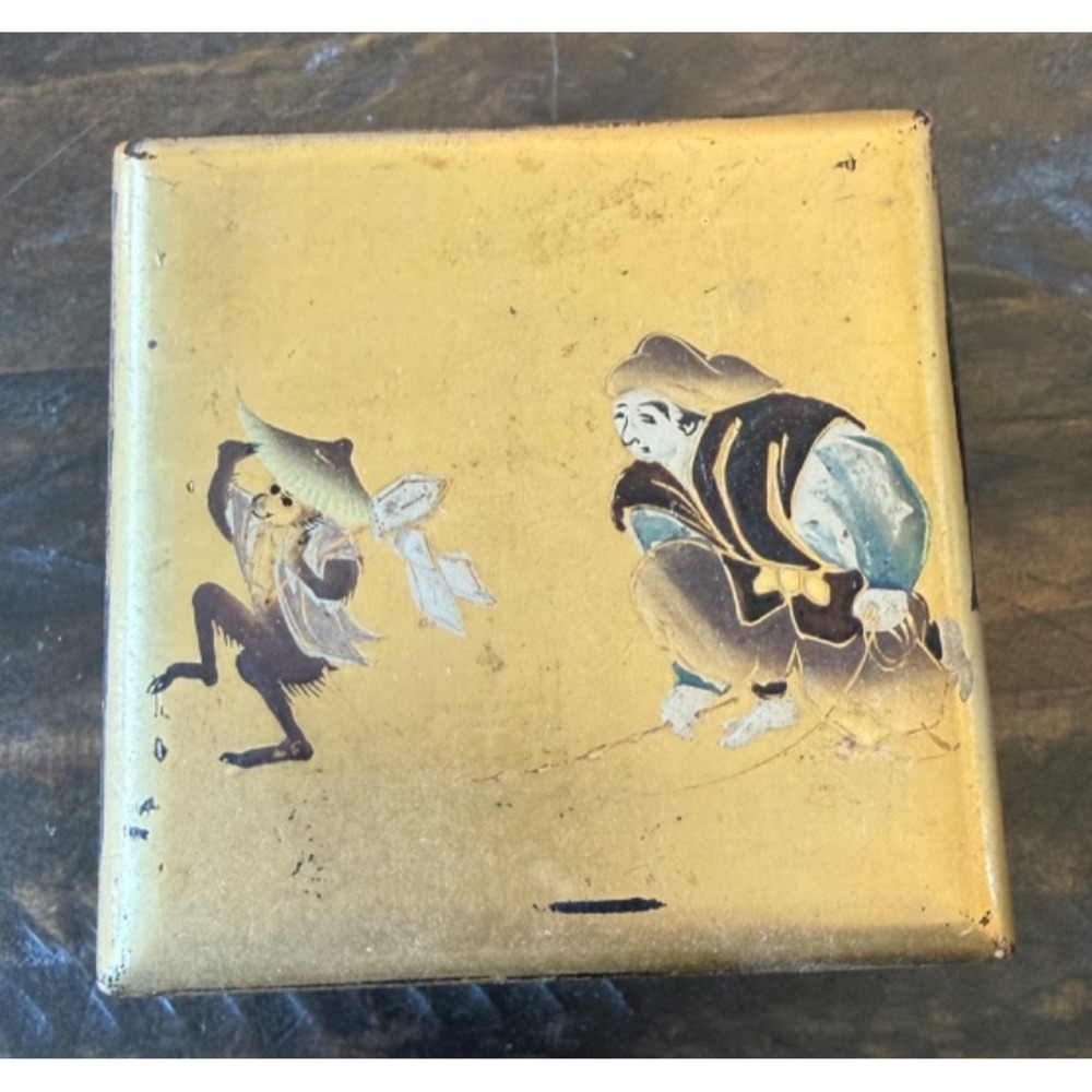 Vtg 70s Japanese Lacquer Trinket Box Tea Caddy Hand Painted Monkey & Man
